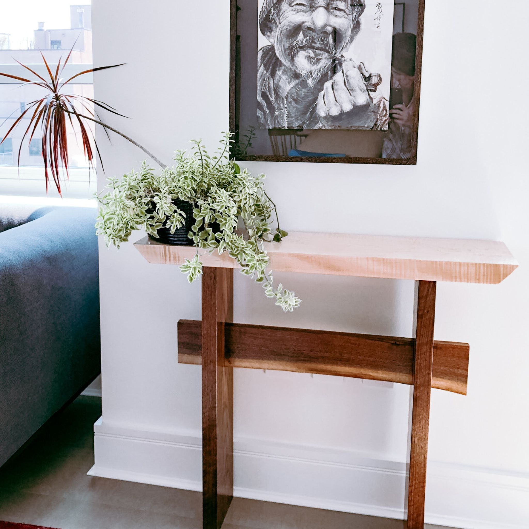 A contemporary side table with live edge detail, our Statement Table is a narrow side table perfect for a living room side table or narrow hall table.