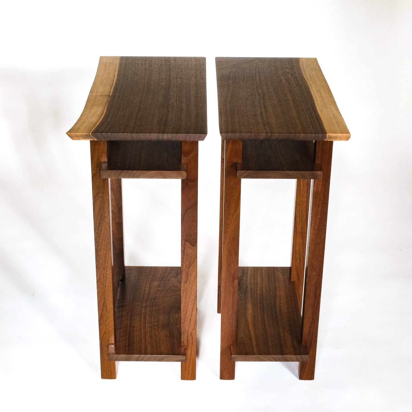 Narrow bedside tables with live edge tabletops from Mokuzai Furniture.