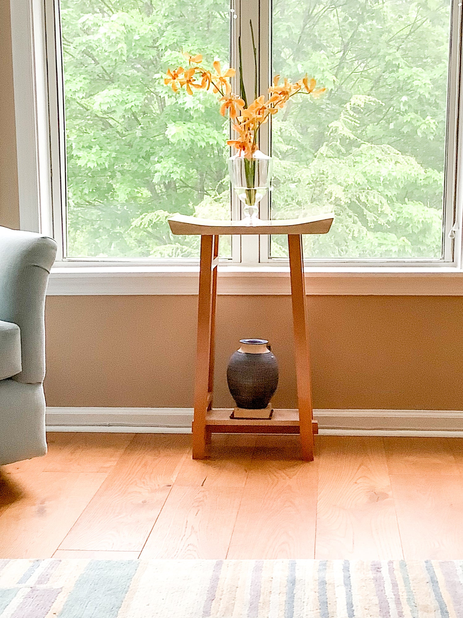 a unique side table for living room in cherry and tiger maple hand-crafted by Mokuzai Furniture