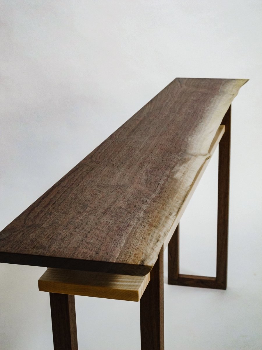 Modern live edge table with shelf - narrow furniture for hallway decorating or for a sofa console table - handmade wood furniture by Mokuzai Furniture