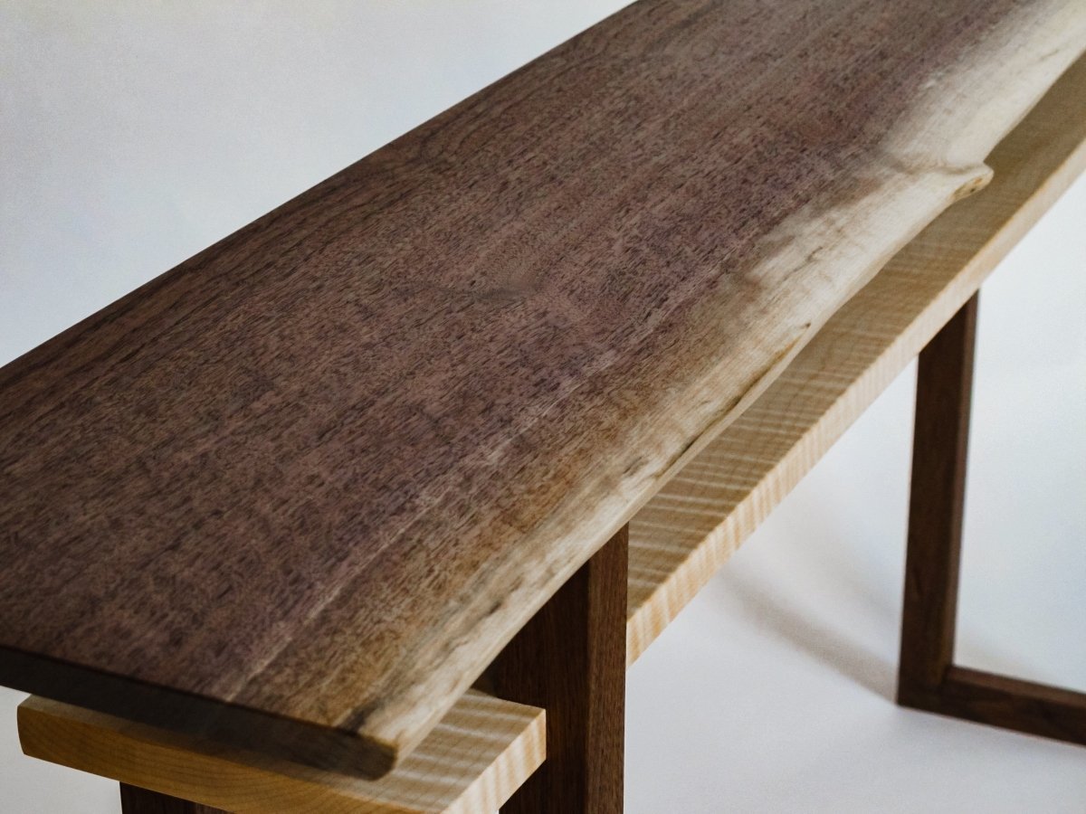 Live edge walnut table with shelf in tiger maple - narrow table for entryways or for a sofa table - modern wood furniture by Mokuzai Furniture