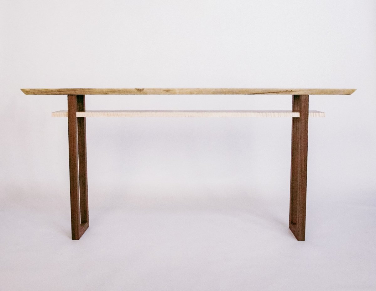 minimalist table for hallways, entry console, or low sofa table - tiger maple and walnut console table by Mokuzai Furniture