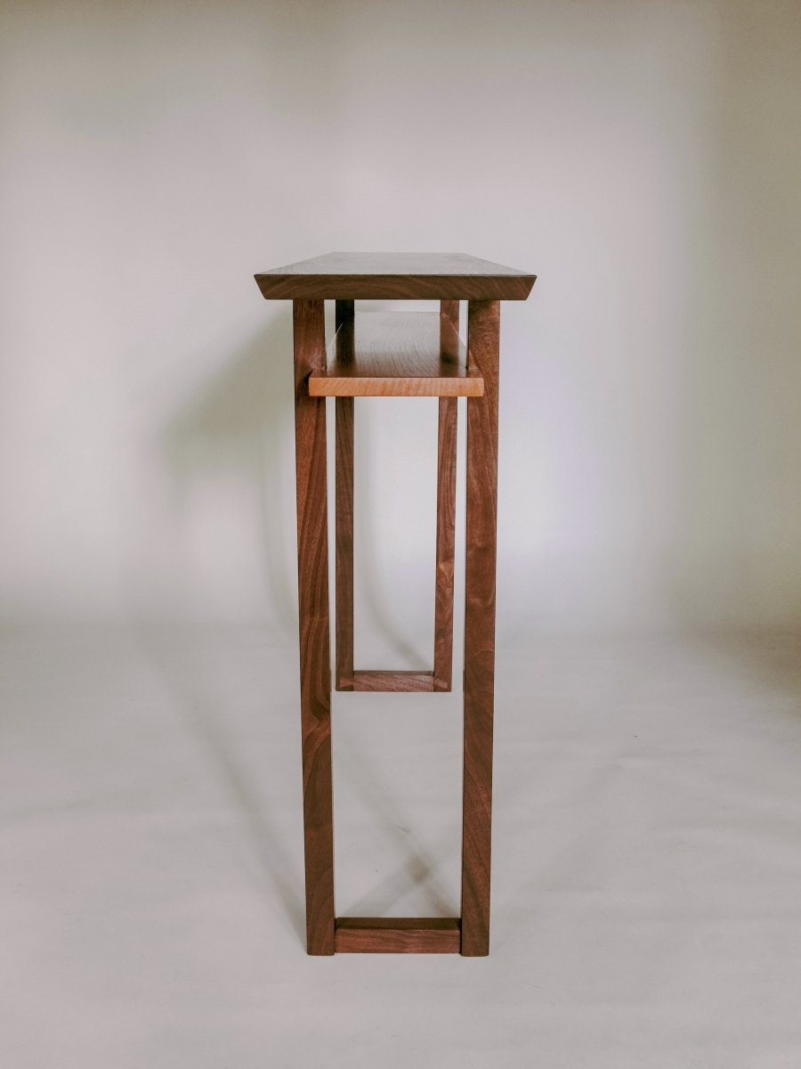 Narrow walnut console table for hallways or entryway decor