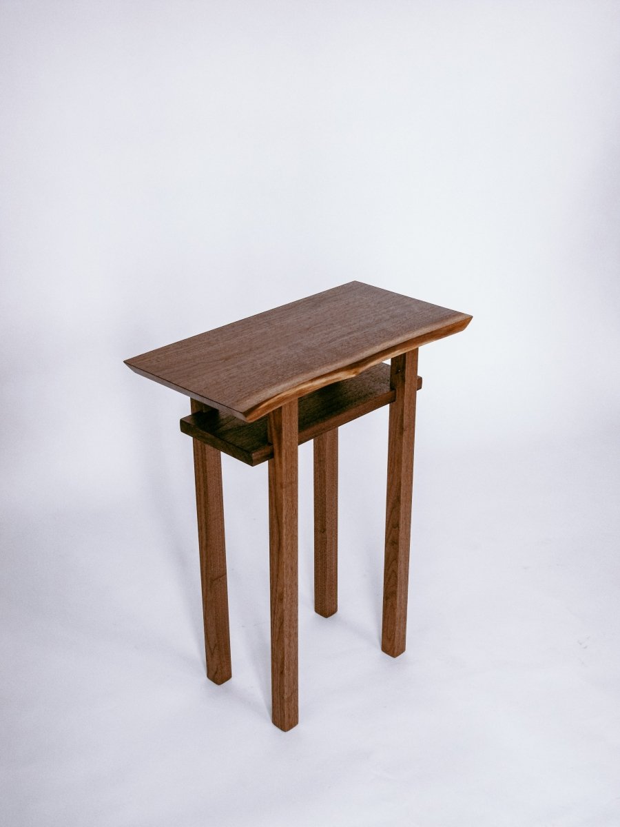 end table with shelf - narrow wood table for living room - solid walnut end table