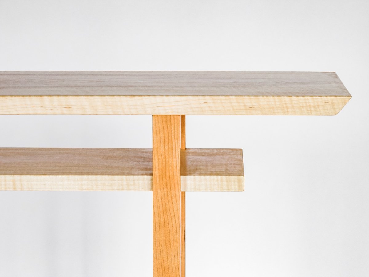 tiger maple with cherry narrow console table - thin wood table for hallways