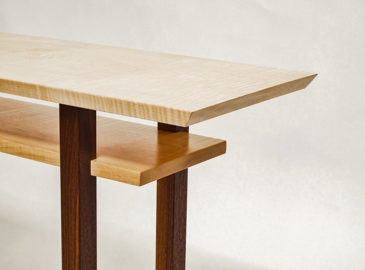 custom sofa console in tiger maple with walnut