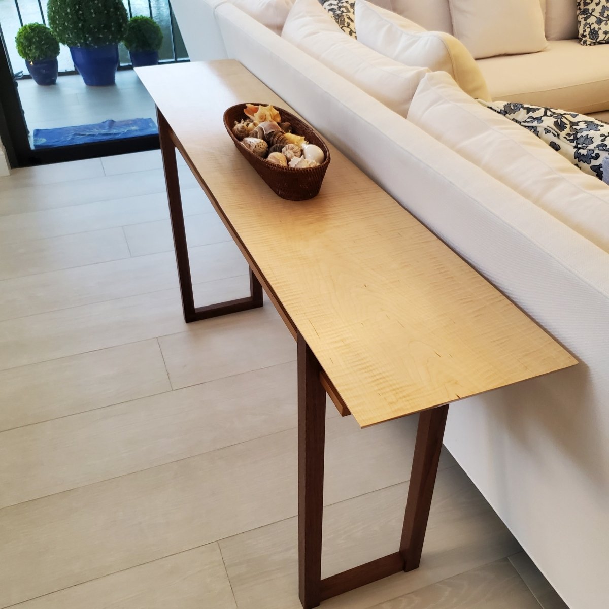 A long narrow sofa table console handcrafted by Mokuzai Furniture.