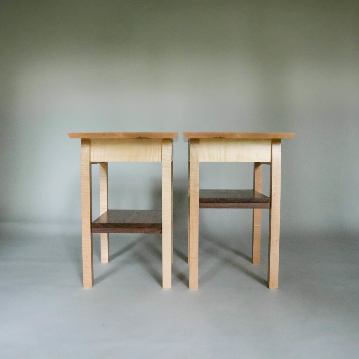 pair of bedside tables with shelf, wood end tables with storage, furniture designed by Mokuzai Furniture