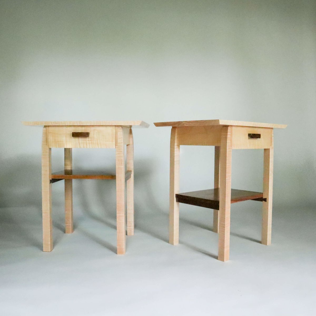 tiger maple tables with drawer, staggered shelving bedside tables by Mokuzai Furniture