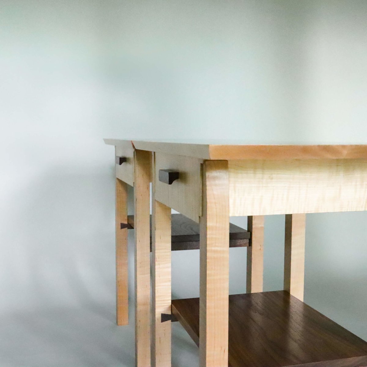 end table set with drawers, nightstands with storage and display created from tiger maple and walnut. modern wood furniture by Mokuzai Furniture