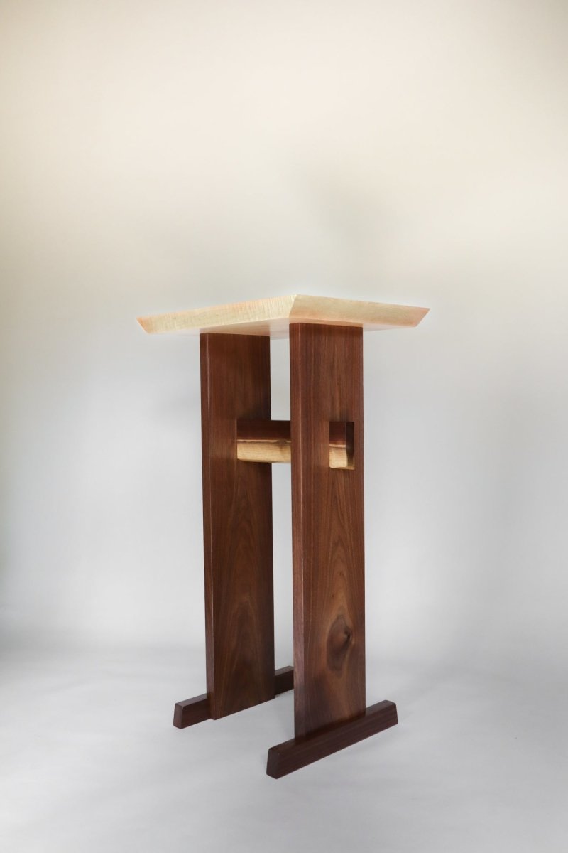Japanese style altar table by Mokuzai Furniture - tiger maple and walnut podium or lectern or home altar table