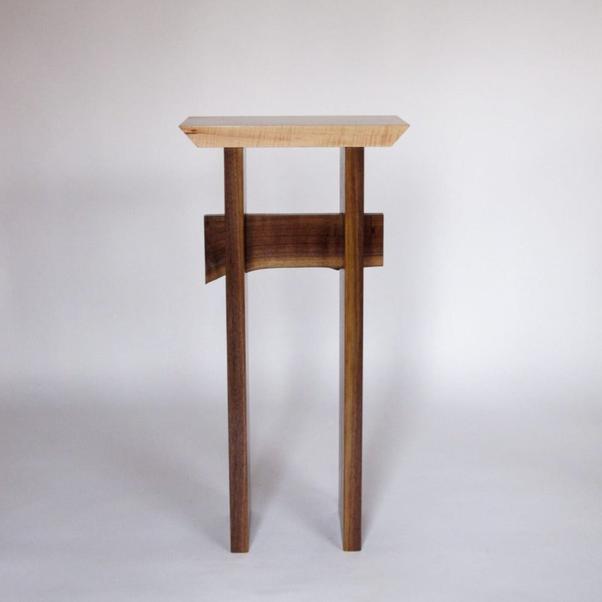 The Statement Small Entryway Table with a tiger maple tabletop and a walnut table base, handmade by Mokuzai Furniture