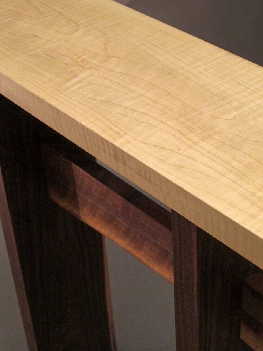 tiger maple table thick top with live edge walnut table base - a unique entryway table, modern side table or small console table by Mokuzai Furniture