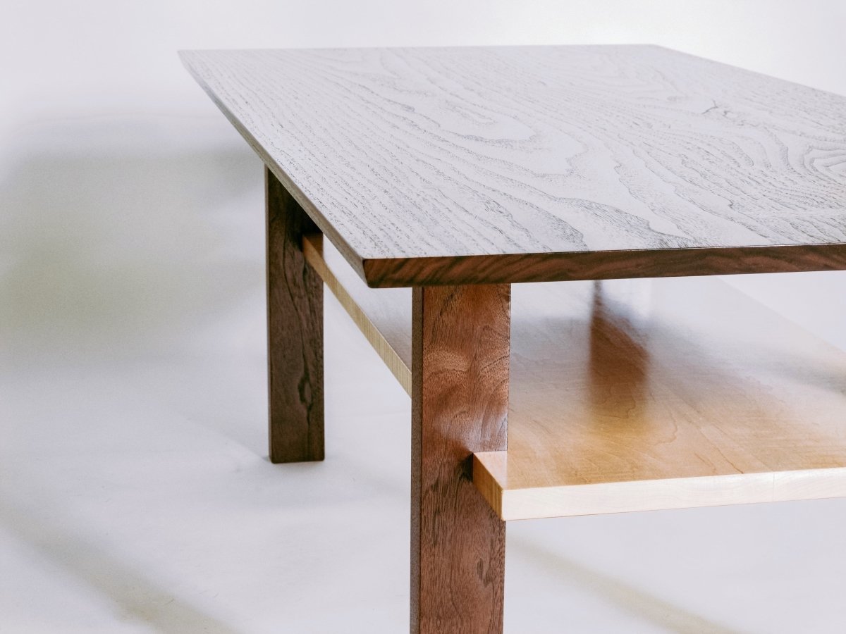 Walnut coffee table with tiger maple shelf