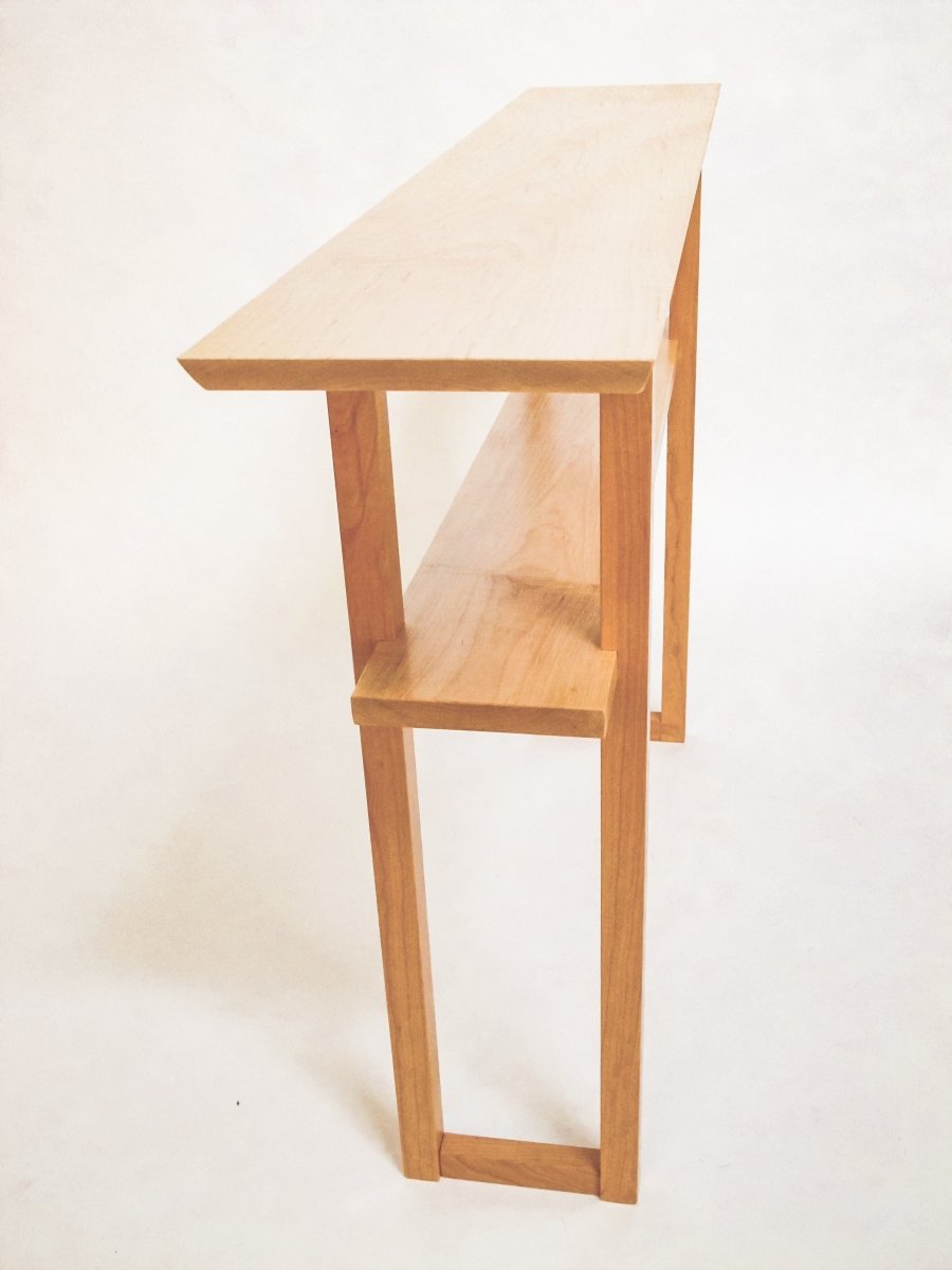 a narrow console table with shelf for behind the sofa - a unique room divider option for open floor plan designs, minimalist sofa console for modern living room decor - handmade wood furniture design by Mokuzai Furniture
