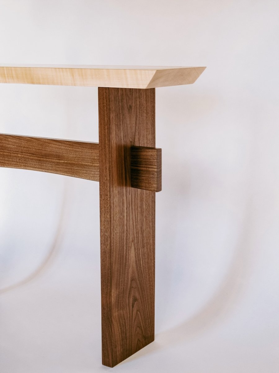 A minimalist hall table design created from tiger maple and walnut - modern wood table by Mokuzai Furniture