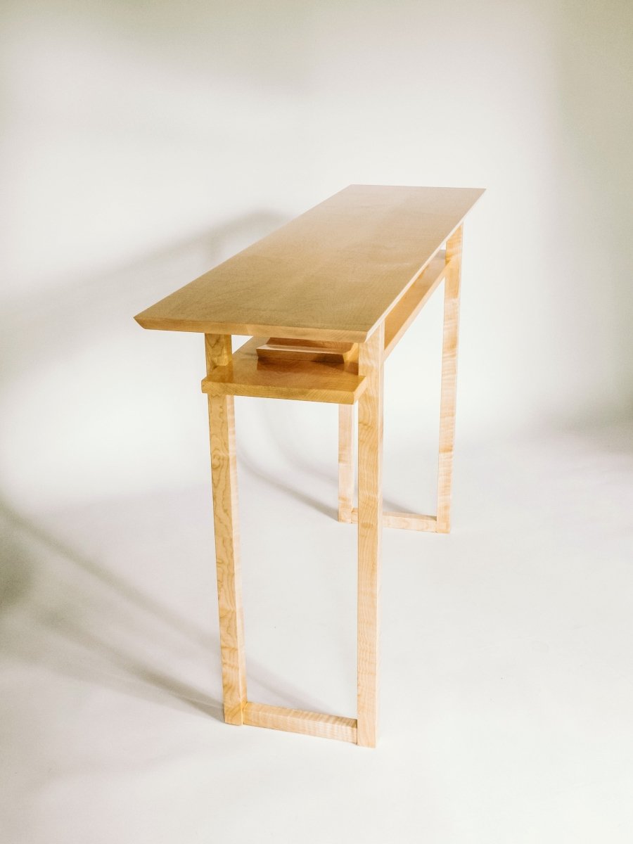 narrow side table for modern dining room design by Mokuzai Furniture - console table with shelf - unique wine rack display