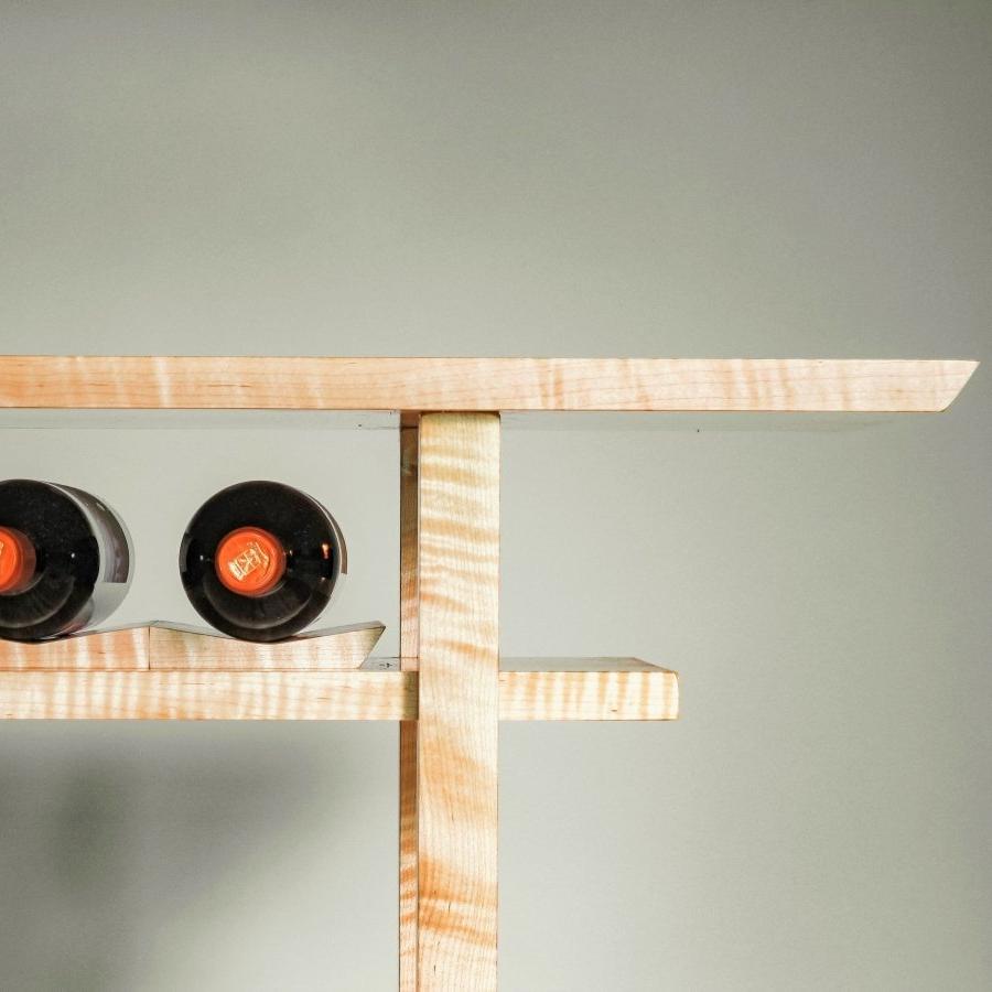 stunning tiger maple wood table with unique wine storage - dining room console table by Mokuzai Furniture