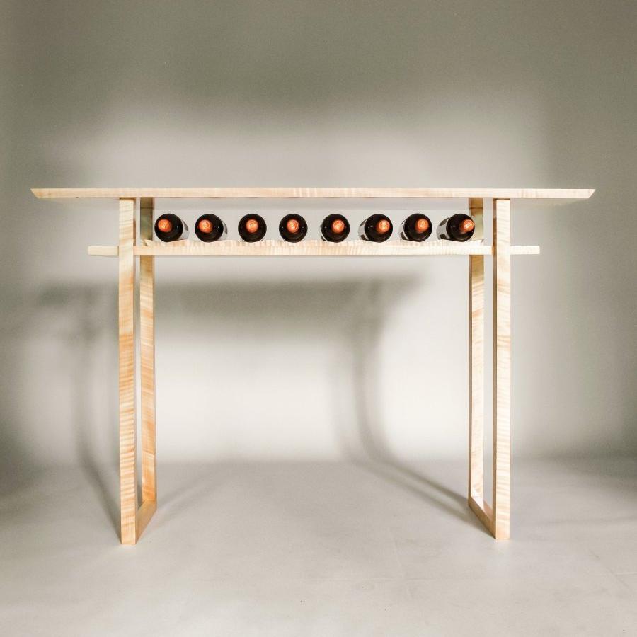 tiger maple dining room side table with wine rack for storage and display - console table with wine rack by Mokuzai Furniture