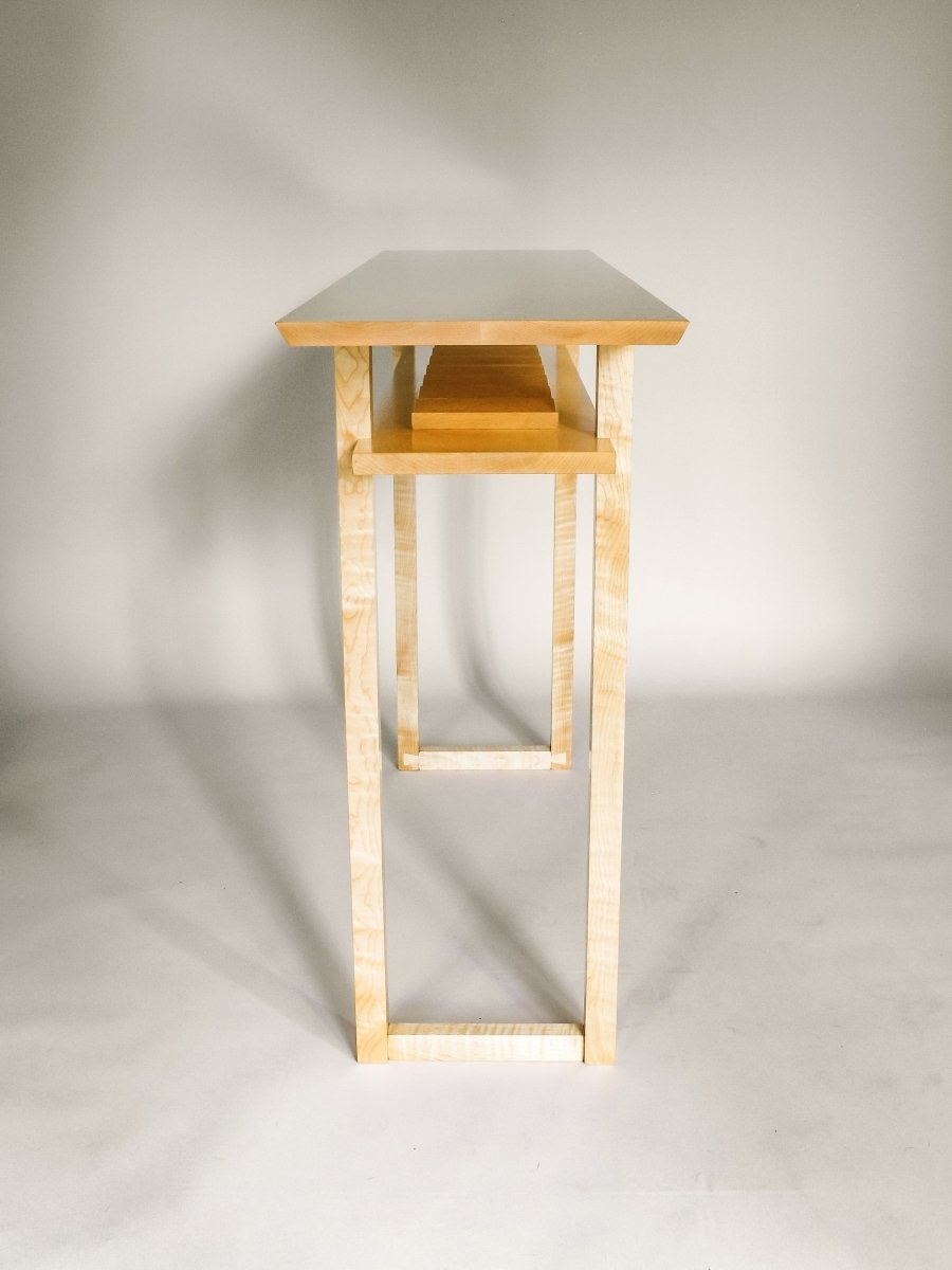 narrow dining room console table with wine rack shelf by Mokuzai Furniture