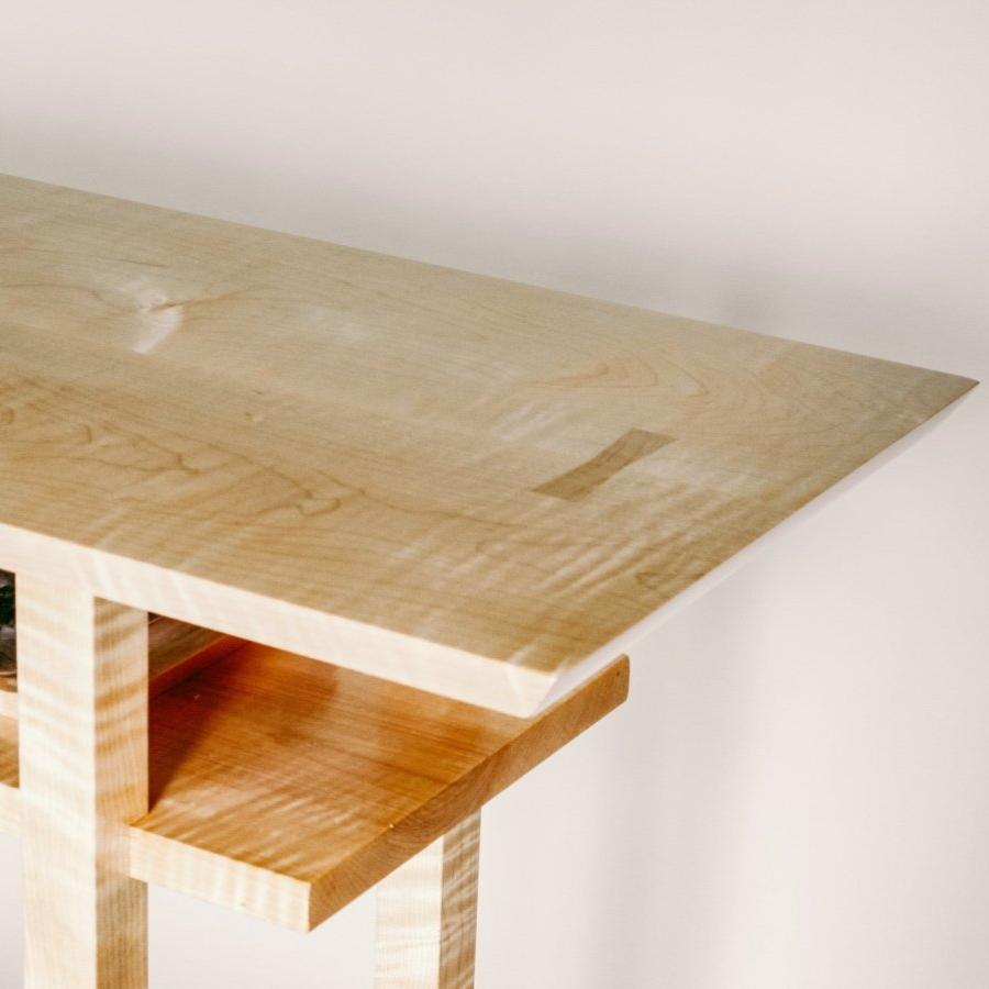 tiger maple console table with wine rack storage shelf - narrow console table with shelf for dining room decor - modern buffet table by Mokuzai Furniture