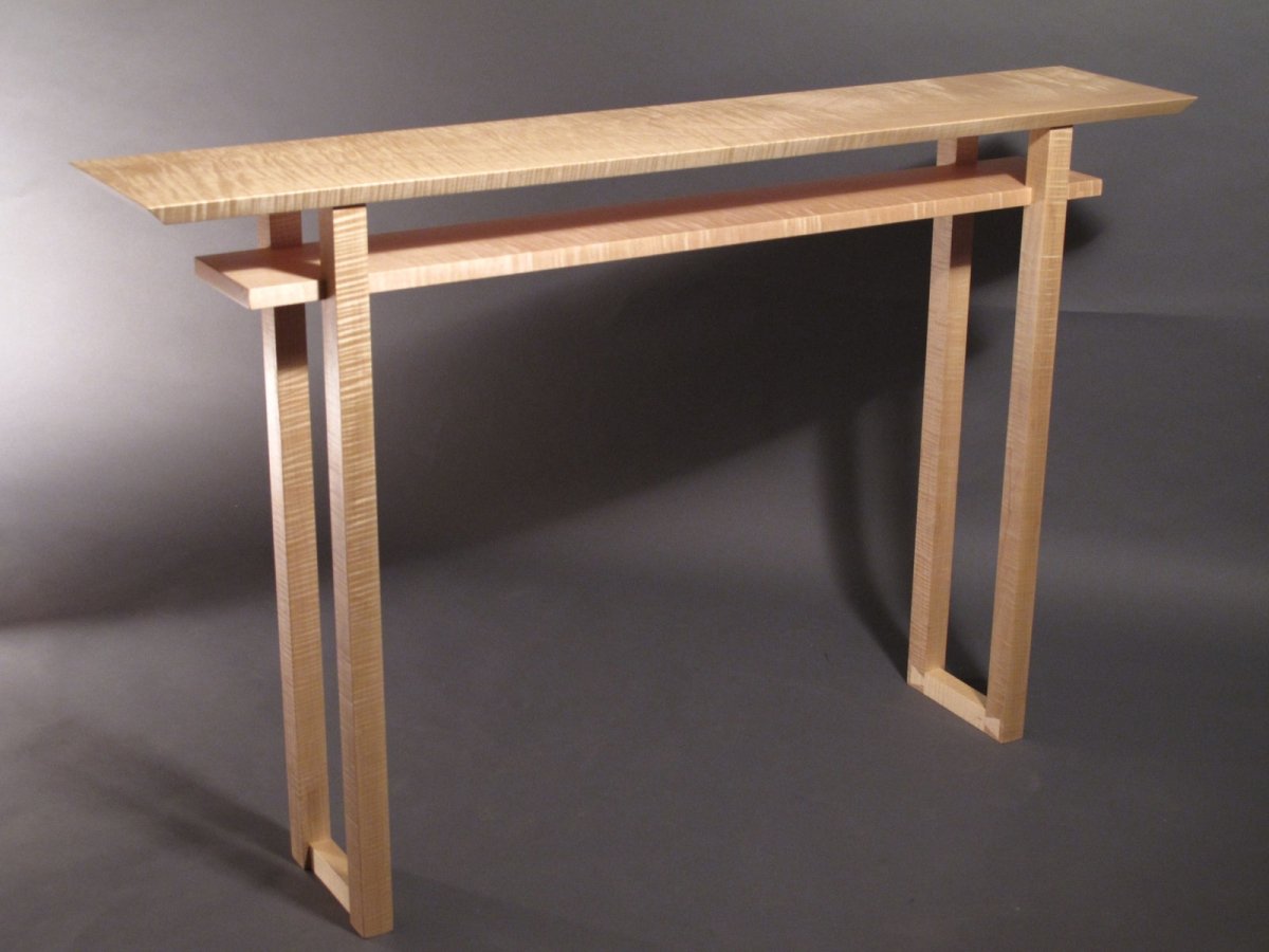 A tiger maple narrow console table for an entry table or sofa console table by Mokuzai Furniture
