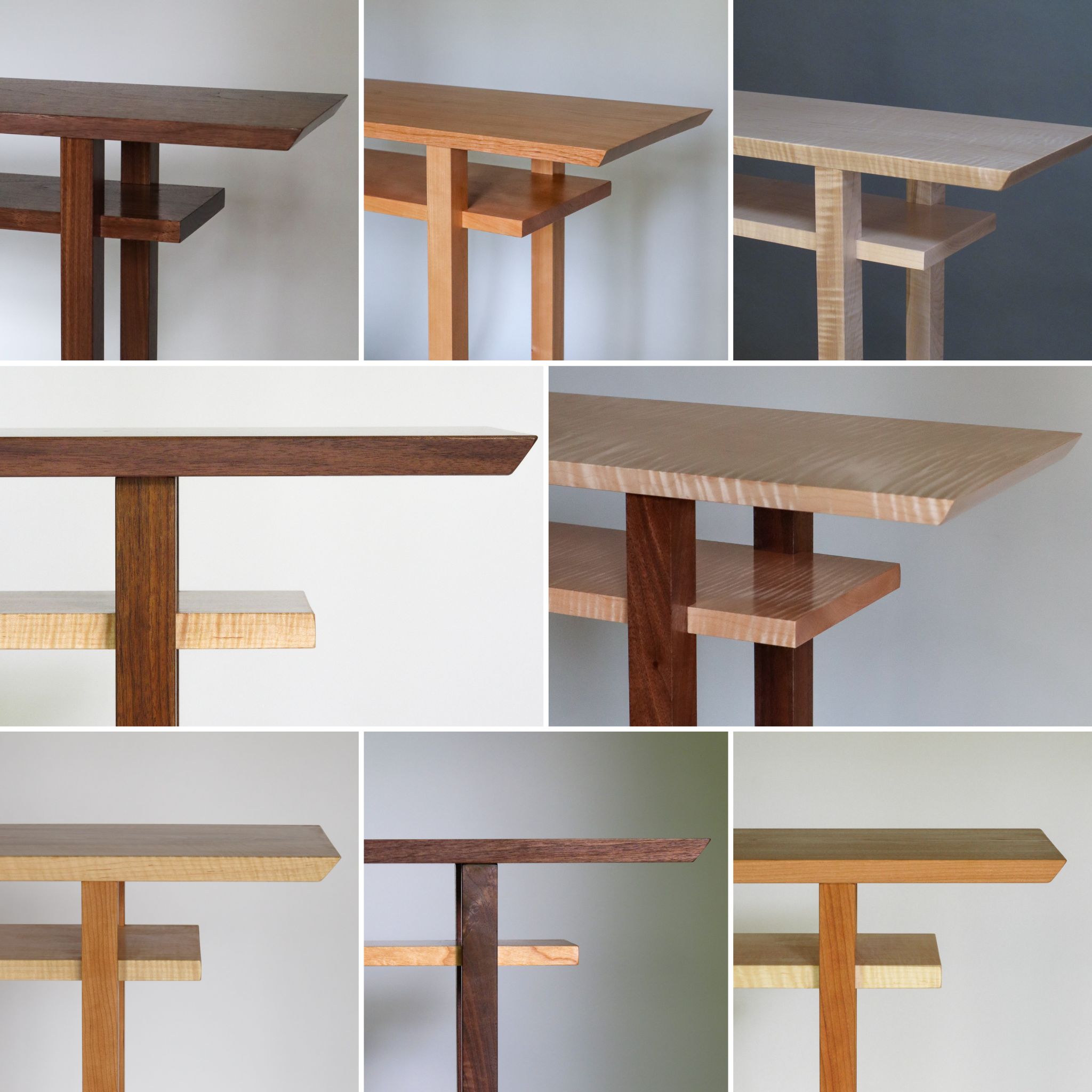 Our modern console tables can be customized with any combination of our premium wood choices.  These narrow wood console tables are perfect for hallway decorating or entryway tables.