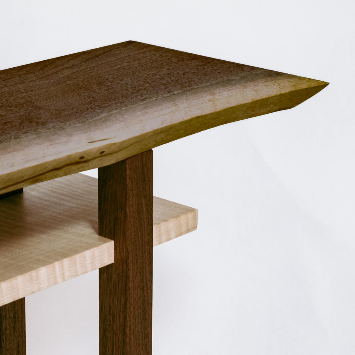 modern hall table with live edge walnut table top and tiger maple shelf by Mokuzai Furniture
