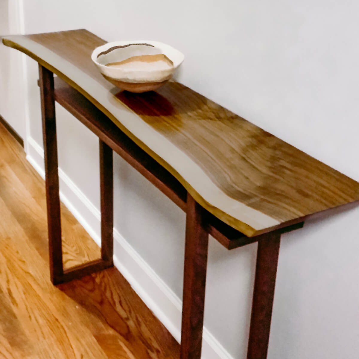 live edge walnut hallway console table by Mokuzai Furniture