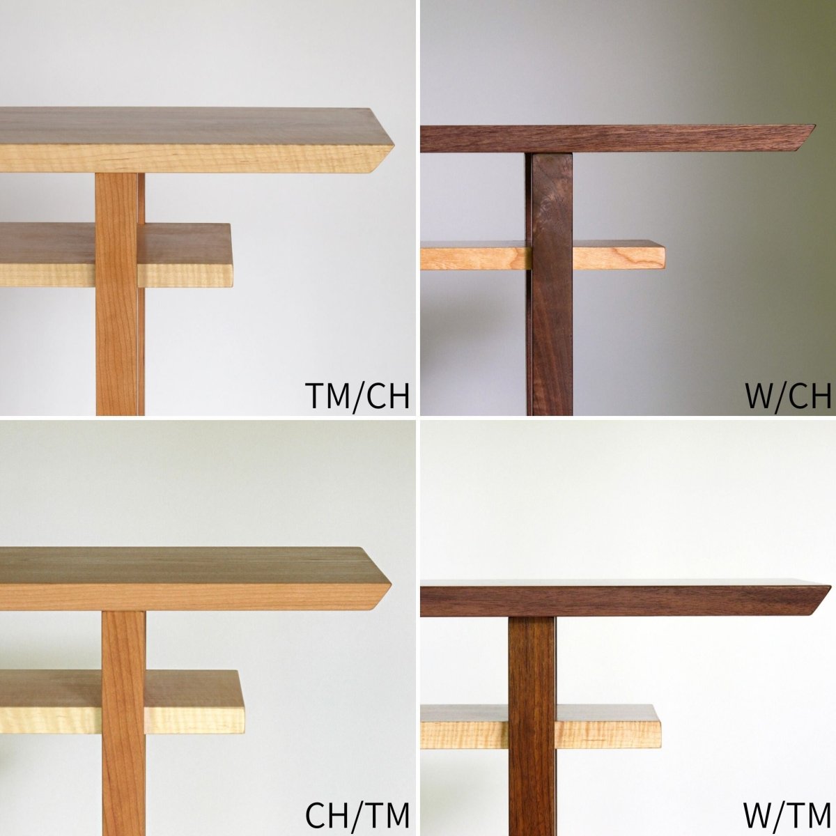 A grid of wood selections and combinations available for custom furniture design with Mokuzai Furniture.