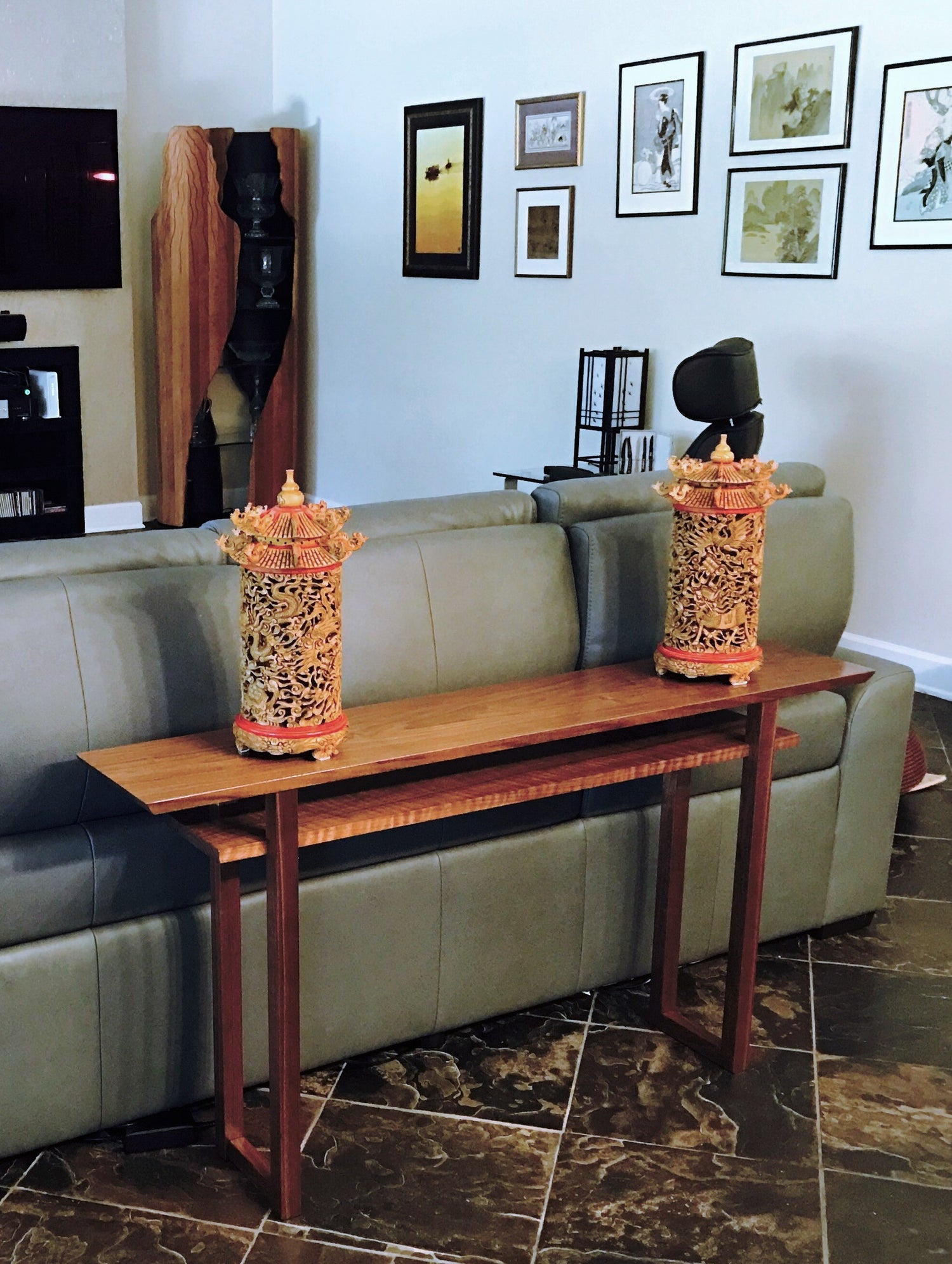 a narrow sofa console table in walnut by Mokuzai Furniture