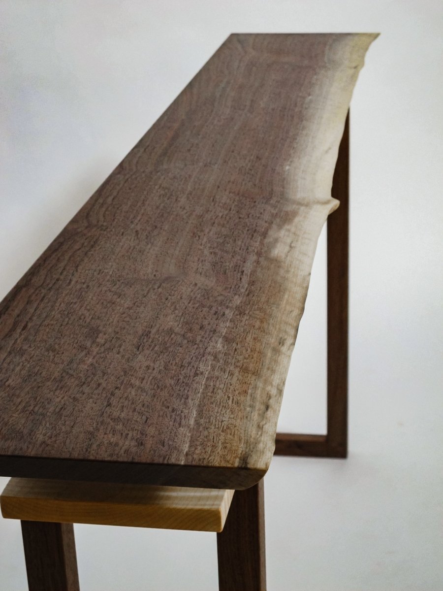 long narrow sofa console with live edge walnut table top