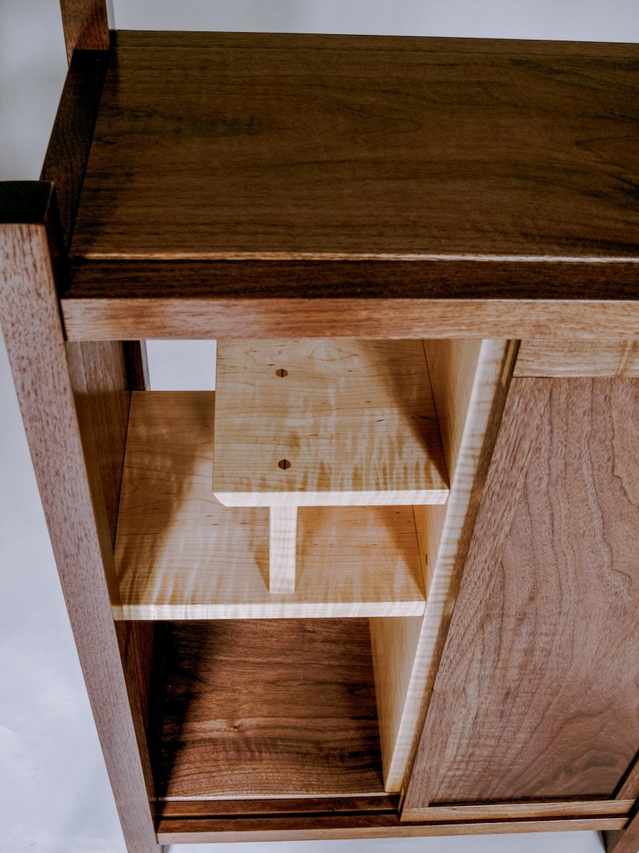 tiger maple display shelving on walnut bar cabinet - dry bar storage