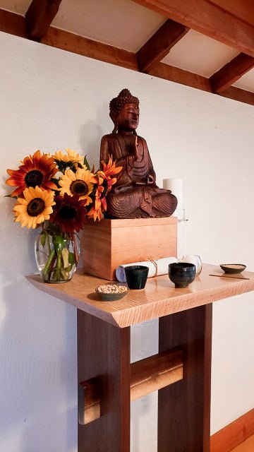 The Statement Altar Table at home as a Zen Center decoration.  A buddha table hand-crafted from tiger maple and walnut - wabi sabi furniture styling by Mokuzai Furniture