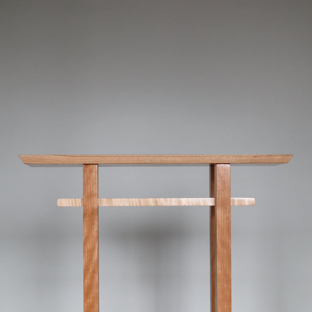 Japanese furniture design- side table small and narrow created from cherry and tiger maple wood- furniture for hallways by Mokuzai Furniture
