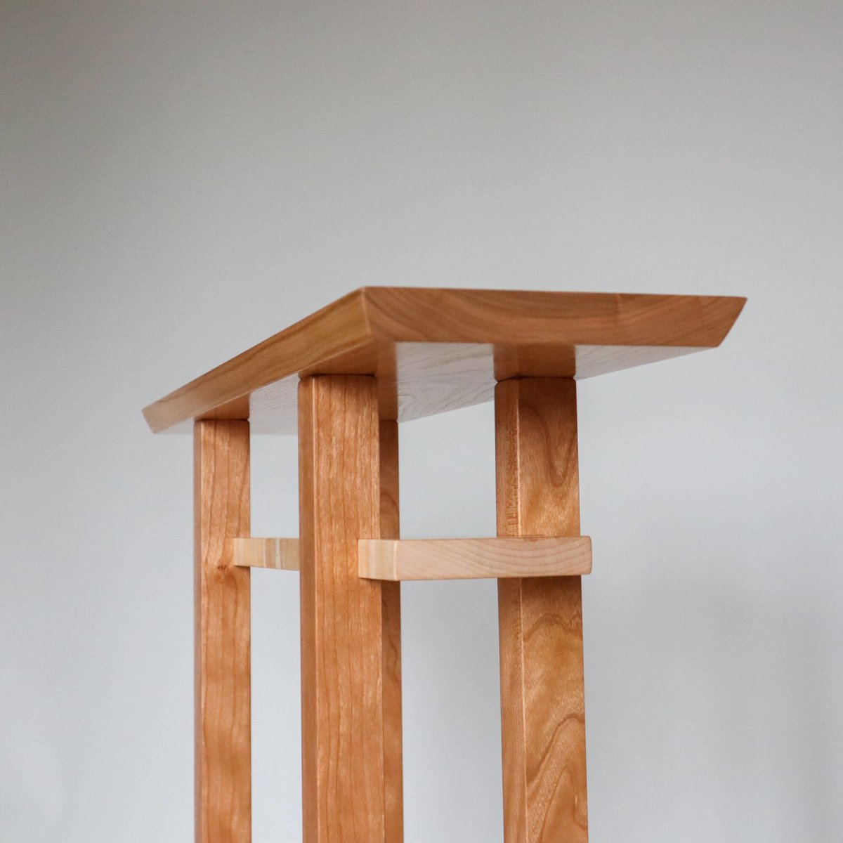 cherry side table thin for hallways or small entry table. cherry table with shelf in tiger maple by Mokuzai Furniture
