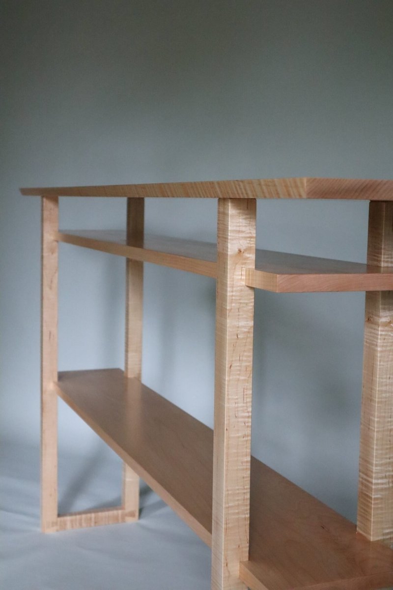 hallway table narrow with shelves for entryway storage and display by Mokuzai Furniture
