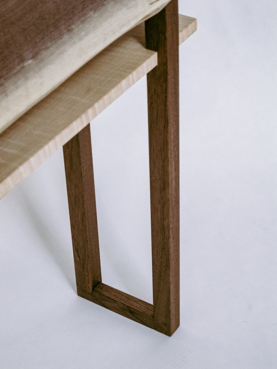 joinery details of the inset shelf and hand-cut dovetail feet on our Classic Console Table with live edge table top - modern wood table by Mokuzai Furniture
