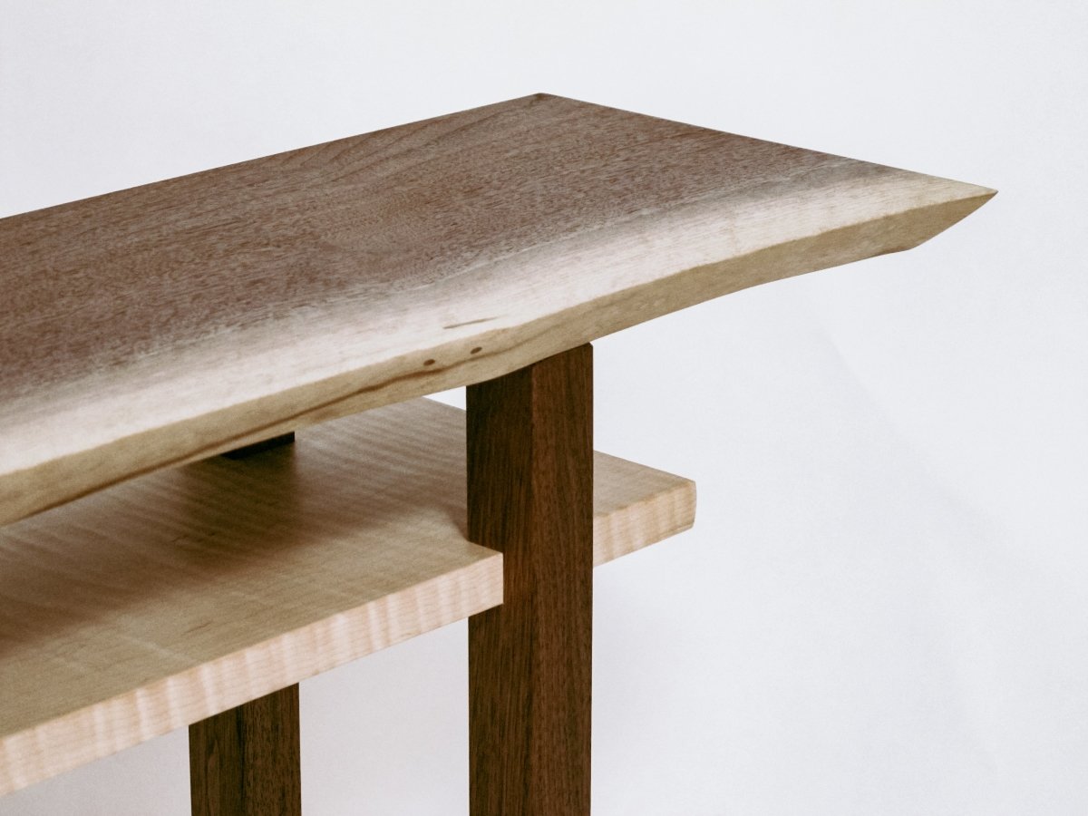 Natural shape on the live edge table top for this minimalist furniture design by Mokuzai Furniture - a narrow console table for hallways/ entryways