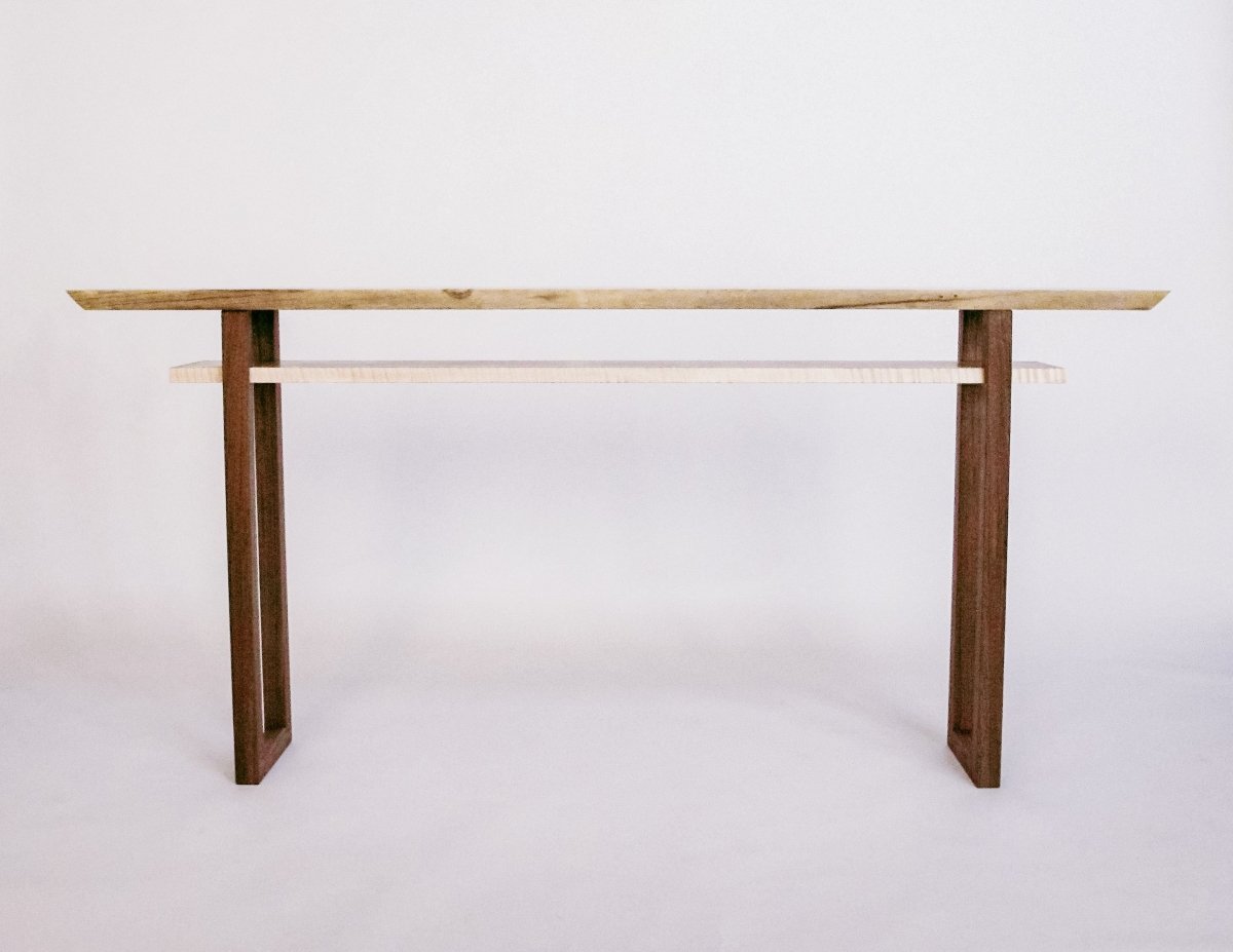 minimalist table for hallways, entry console, or low sofa table - tiger maple and walnut console table by Mokuzai Furniture