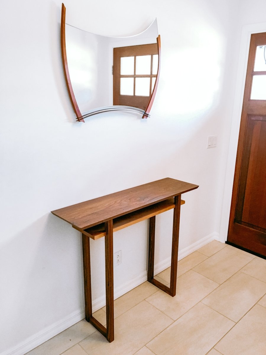 modern entryway table walnut with a cherry shelf.  Narrow console table design for entryway decor and hallway decorating.  modern wood furniture by Mokuzai Furniture