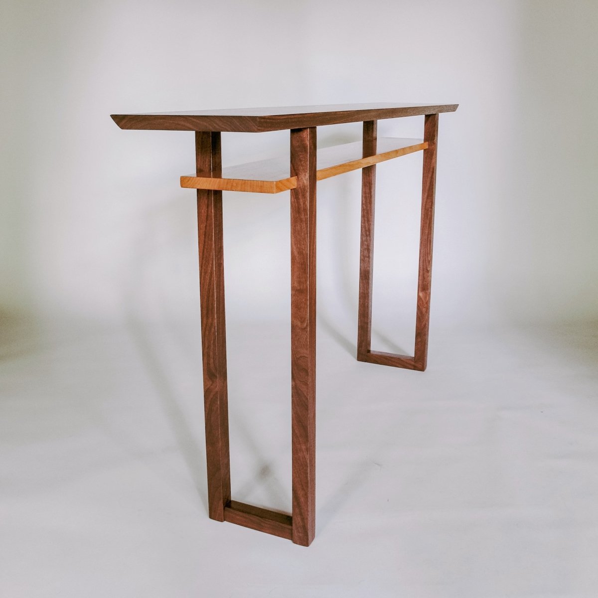 Narrow console table in walnut and cherry