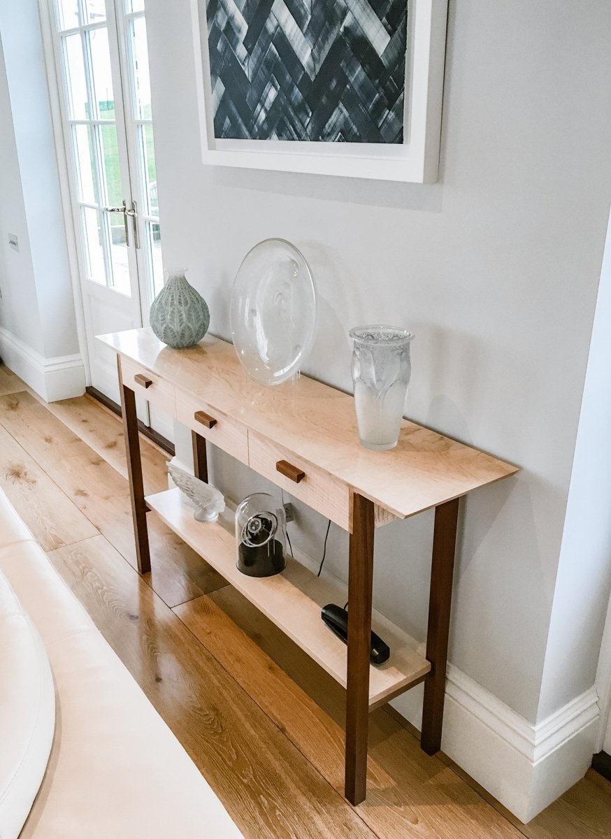 Entry Console Table with Narrow Drawers – Tiger Maple with Walnut