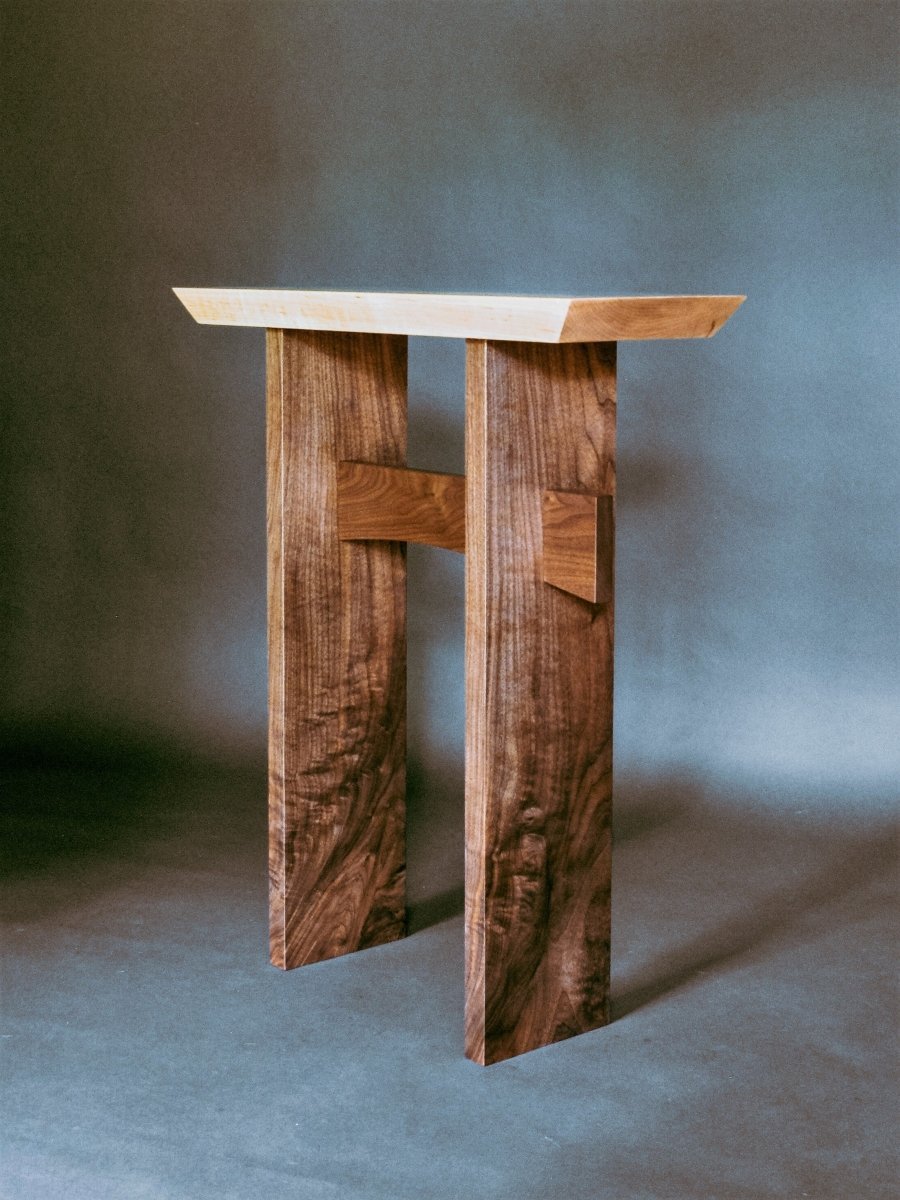 Statement Side Table in tiger maple and walnut - custom furniture orders welcome