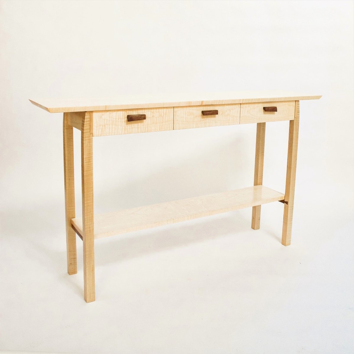 Entry Console Table with Narrow Drawers – Tiger Maple with Walnut