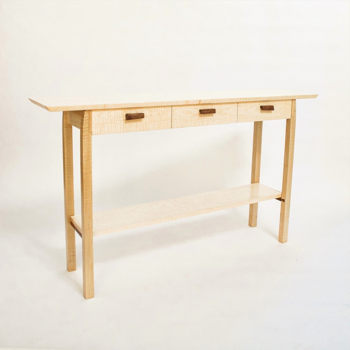 entryway console table with three drawers - handmade from tiger maple and walnut