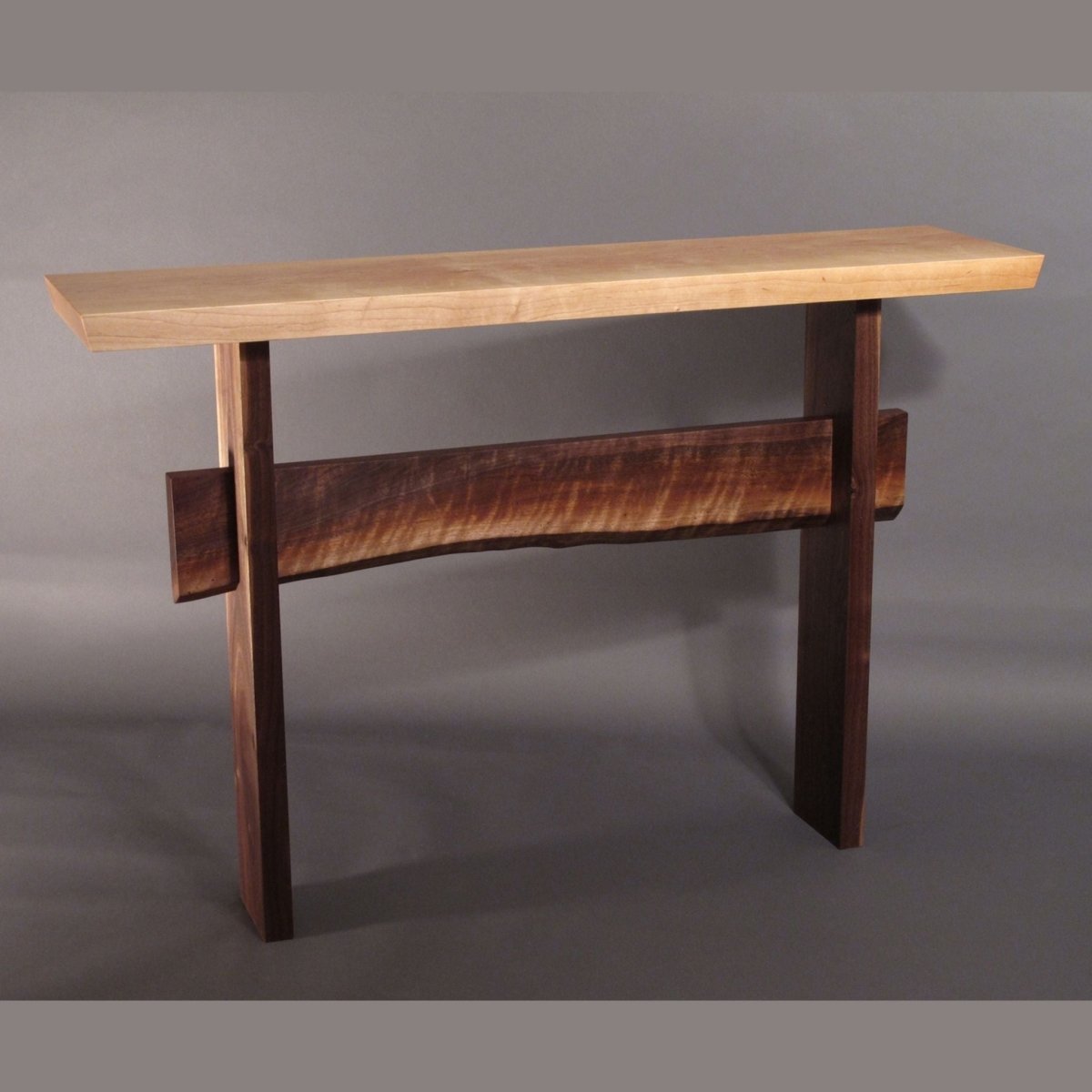 a hallway console table with live edge table stretcher by Mokuzai Furniture