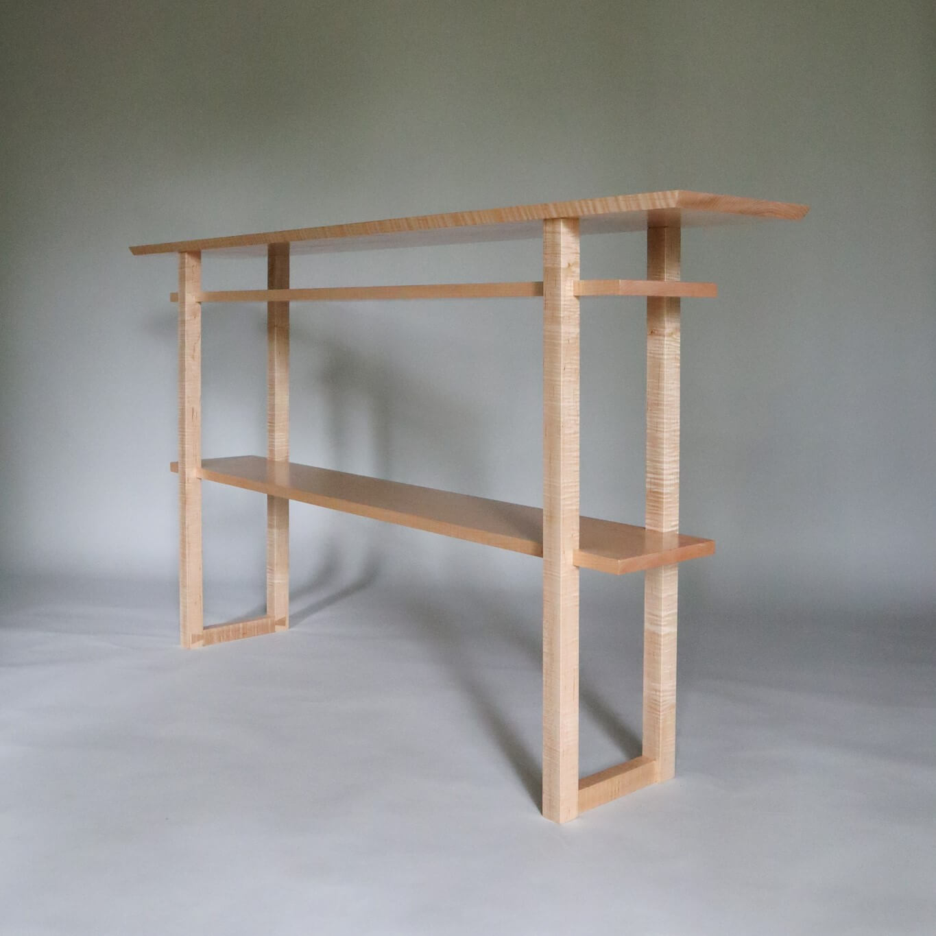 hallway console table with shelves, narrow hallway table design by Mokuzai Furniture