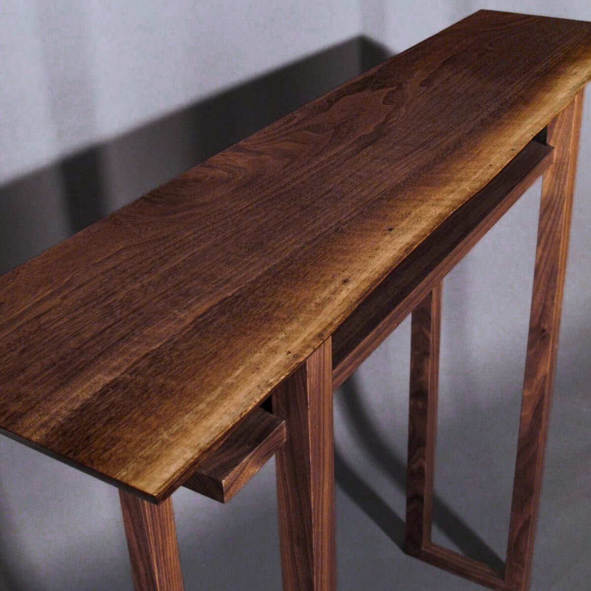 walnut hall console table with live edge table top by Mokuzai Furniture