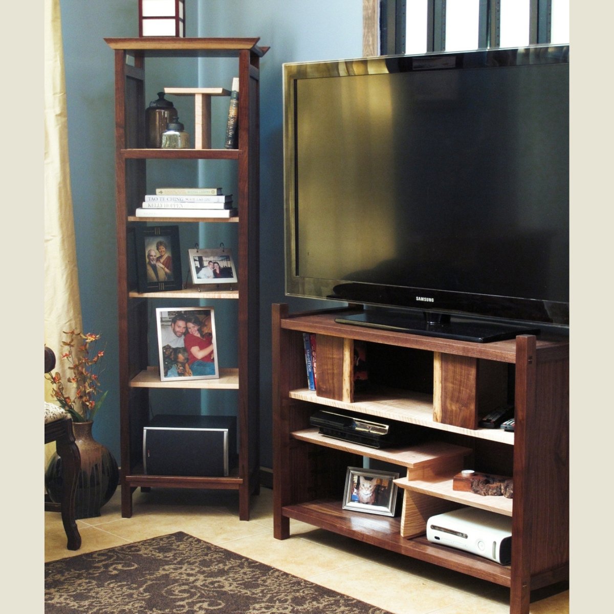 modern living room decor featuring a tall narrow bookcase tower by Mokuzai Furniture